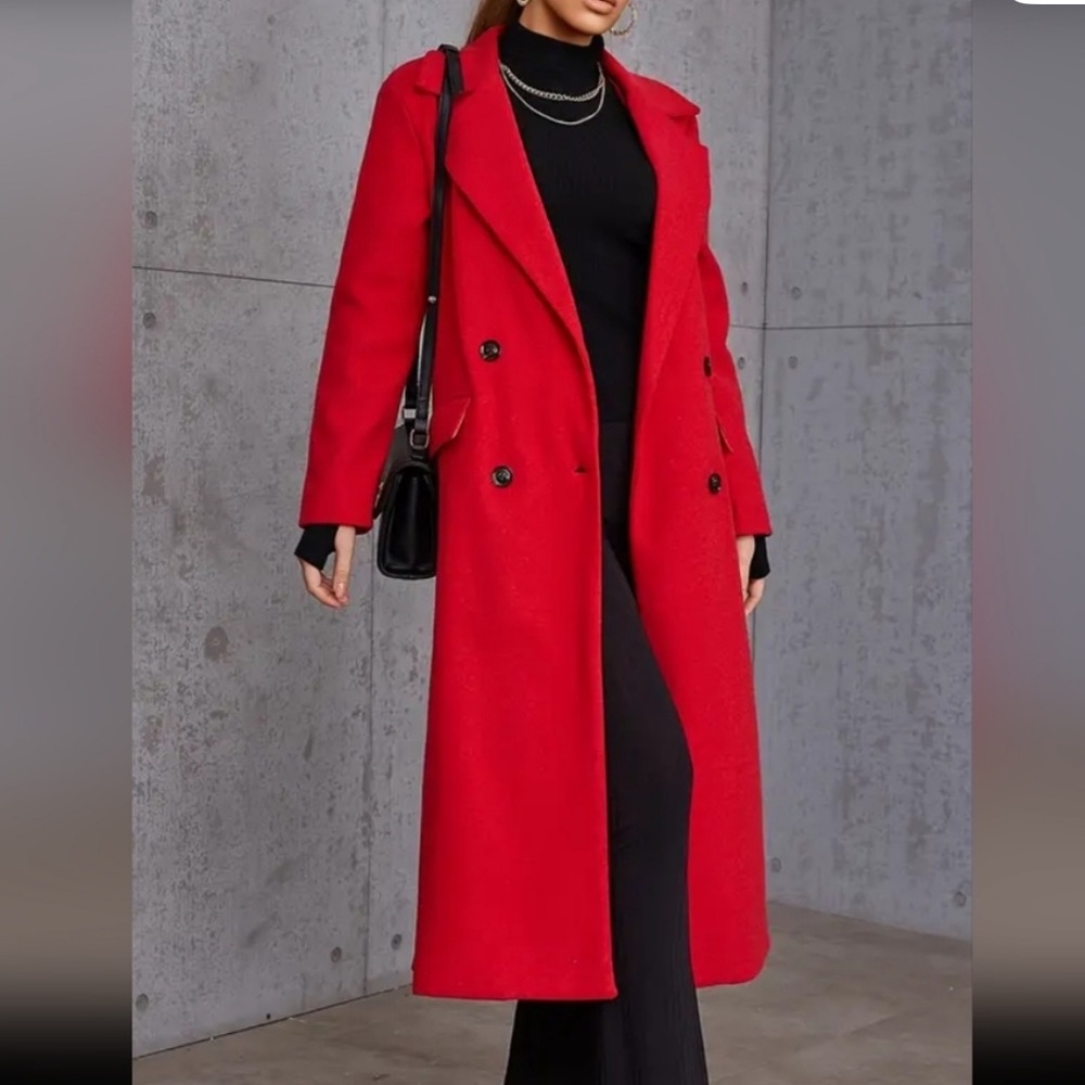 EillyBazar Red Double Breasted Dress Coat